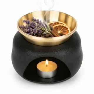 Räucherstövchen Duftlampe aus Keramik Duftöl Lampe 2 in 1 mit Kupfertopf | Duftstövchen,Teilbares Design Räucherstövchen, Aromalampe für Ätherische Öle für Duftwachs und Duftöl, Dekoration-Schwarz