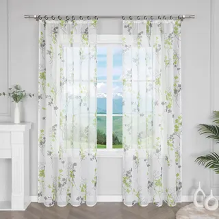 Delien Voile Transparente Gardinen mit Blattmuster für Wohnzimmer Fenster Vorhang Durchsichtig schals Modern Vorhänge mit Kräuselband,BxH 140x260cm,Grün