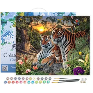 Figured'Art Malen Nach Zahlen Erwachsene Mit Rahmen Tiger Familie - Paint by Numbers Basteln DIY Bastelset 40x50cm Leinwand gespannt auf Holzrahmen