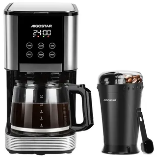 Aigostar Kaffeemaschine mit Mahlwerk, Korbfilter, Programmierbar 24h, Tropf-Stopp, AutoClean, Warmhaltefunktion schwarz