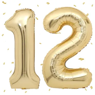 Luftballons, 12 hellgoldfarben, 101 cm, Folienballons, Zahl 12, Gold, große Luftballons, Nummer 12, Dekoration 12 Jahre, für Jungen, Mädchen, Geburtstag, Party, Deko