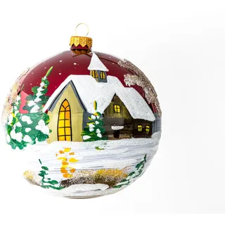 Burgunderrote Weihnachtskugel, polnisches geblasenes Glas, handbemalt, große Kugel, 150 mm, Landhäuser
