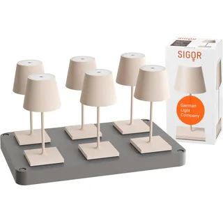 SIGOR Nuindie 3.0 mini Akku-Tischlampe, 6er-Set mit Ladestation, dünenbeige | Dimmbar • Indoor & Outdoor • IP54 • 25 cm • easy-connect puk • 17 h Leuchtdauer • inkl. 6-fach Ladestation