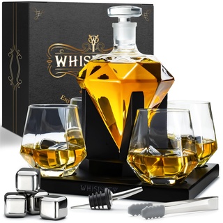 Whisiskey – Whisky Karaffe Set - Whiskey Geschenkset – Geschenke für Männer – Männergeschenke - Geburtstagsgeschenk Mann - Diamant Dekanter 1000ML, Geschenkbox, Whisky Gläser, Whiskey Steine, Zubehör