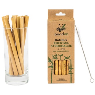 pandoo 12er-Pack Cocktail-Strohhalme aus 100% Bambus inklusive Reinigungsbürste | Wiederverwendbare & umweltfreundliche Trinkhalme | 100% biologisch abbaubar Natur