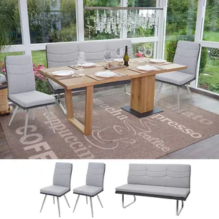 Einzelst�ck | Set 2x Esszimmerstuhl+Sitzbank HWC-G54, Bank Küchenstuhl Stuhl, Stoff/Kunstleder Edelstahl ~ grau Bank 160cm