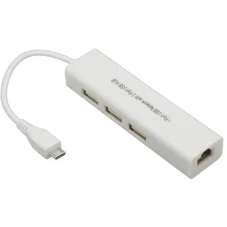 BerryBase Micro USB 2.0 Fast Ethernet Netzwerkkonverter + 3 Port USB Hub weiß