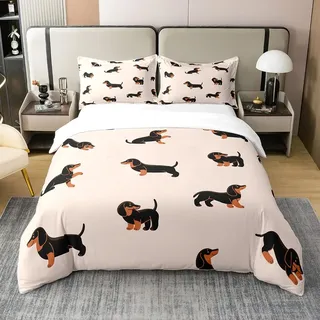 Loussiesd Karikatur Hund Bettwäsche Set 155x220cm 100% Baumwolle Dackel Bettbezug Set Kinder Kleinkind Jungen Süße Welpen Bettwäsche-Set Wurst Weiner Hund Bettbezug Beige für Kinder Jungen Mädchen