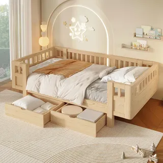 Merax Plattformbett 90x200 cm mit Schutzgitter und 2 Schubladen,Holzfarbe | Einzelbett aus MDF und Kiefer, umlaufendes Schutzgitter, großer Stauraum, skandinavisches Design, für Matratzen 90x200 cm
