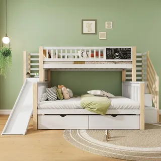 Flieks Etagenbett 90x200cm/140x200cm, Kinderbett mit Rutsche & Tafel, Hochbett mit Treppe & 2 Schubladen, Stockbett Holzbett 2 Kinder, Naturbelassen - Naturbelassen/Weiß