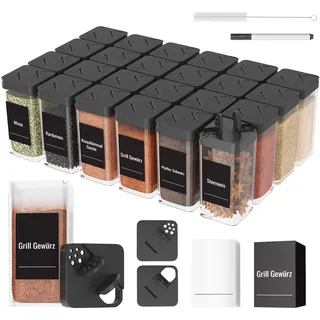 Homhut Gewürzgläser Eckig Set mit Deckel [24 x 120ml], Stabiler Plastik Gewürzstreuer Luftdichte, Gewürzdosen Mit Streueinsatz, Spice Jars mit 120 Etiketten, Gewürz Organizer Schwarz