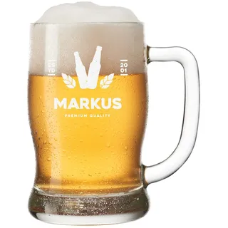 Leonardo Bierkrug mit gravierten Wunschmotiv - Bierglas 0,5 Liter Nutzinhalt - Personalisierter Bierseidel für echte Genießer - Männergeschenk - Motiv Bierflaschen mit Hopfen