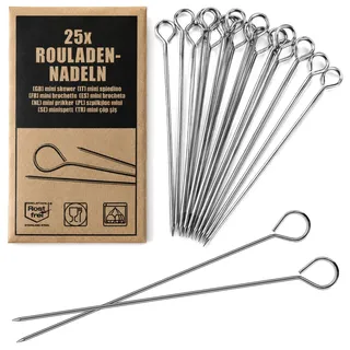 com-four® 25x Rouladennadeln aus Edelstahl, 11 cm lange Fleischspieße | Premium Spieße im Set - Rouladenklammern-Ersatz - Rouladenspieße für Rouladen