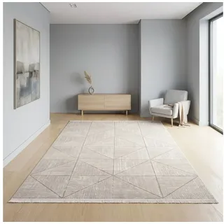 Sehrazat Teppich Venus 8083, rechteckig, Höhe: 11 mm, Kurzflor, Geometrische Vintage Optik, mit Fransen, Wohnzimmer beige 160 cm x 230 cm x 11 mm