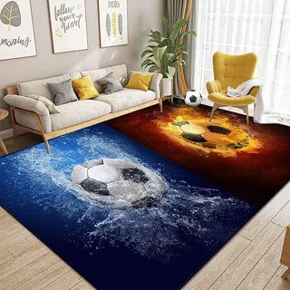 Dai Lufei FußBall Teppich Fußballstadion Eisfeuer Flammen Bedruckt Großflächige Teppich 3D Fussball Sport Fußballplatz Bodenmatte Jugendzimmer Fußballplatz Fußmatten, 100x180cm