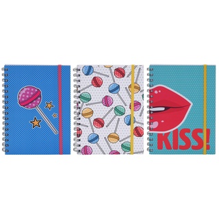 3 Stück Set Spiral-Notizbuch Ringbuch A5 Liniert mit Gummiband, 80ies Lollipop-Design, Tagebuch Journal für Memos, zum Malen, 80 Blatt