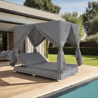 Vidaxl - Outdoor-lounge-bett Mit Vorhängen Poly Rattan Grau