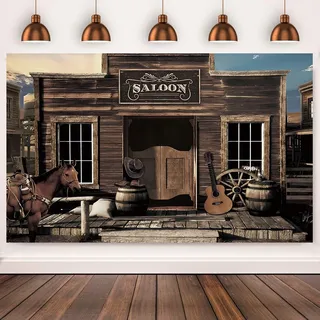 Hnmdmyi 2.4x1.8m Western Cowboy Vintage West Saloon Holzhaus Scheunentür Retro Pferd Rad Land Fotografie Hintergrund Baby Shower Geburtstag Party Dekorationen Fotostudio Requisiten Vinyl Brown
