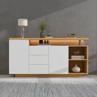 Merax Sideboard mit LED-Beleuchtung (16 Farben), Kommode mit Push-to-Open, 3 Schubladen und 2 Türen, Wohnzimmermöbel Weiß & Eiche, 140x70x40 cm - Naturbelassen