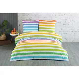 Buymax Bettwäsche Regenbogen, Rainbow 100% Baumwolle, Renforcé, 3 teilig, 200x220 cm, mit Reißverschluss, Gestreift, Streifen Bunt Rot Weiß Gelb bunt