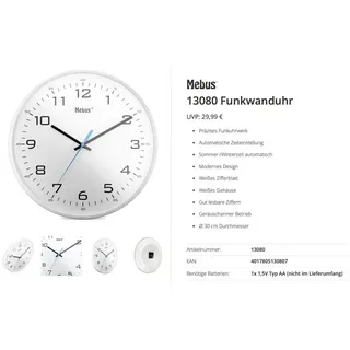 MEBUS Bahnhofsuhr 30,0 cm 13080 weiß