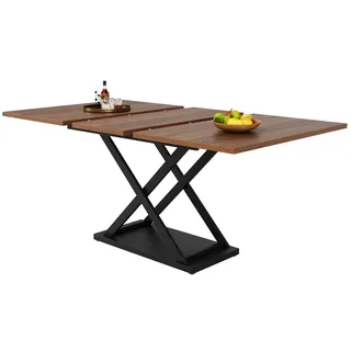 OKWISH Ausziehbarer Esstisch 160x80x75 cm Walnuss+Schwarz Teleskop Tisch für Küche und Wohnbereich mit Kreuz Metallbeinen MDF Platte