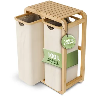 AMBIAVO® Wäschekorb 2 Fächer beige 100 L – Platzsparendes Design – 50L pro Fach - Stabile Bambuskonstruktion – Ablagefläche – herausnehmbare, waschbare Wäschesäcke
