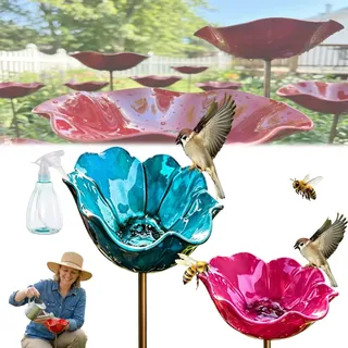 Metall Gartenstecker Vogeltränke, Blumen Gartenstecker Vogeltränke, Bienentränke Keramik Blume, Winterfest, rostfrei, als Vogeltränke zum Aufhängen Oder Stecken für Garten & Terrasse(L)