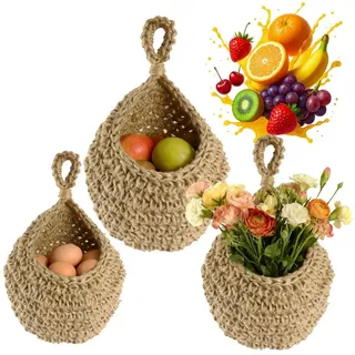 BlingBin Hängekorb Obstkorb Hängend Geflochten, 3 Stück Handgewebt Wandkorb (3er Set, 3 St., Extra groß: 33 × 27 cm; Groß: 28 × 21 cm; Mittel: 25 × 20 cm), Aufbewahrungskorb für Küche Deko, Wohnzimmer, Schlafzimmer braun