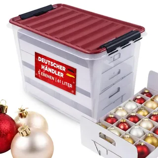 Quality-Collection Weihnachtskugeln Aufbewahrungsbox, roter Deckel | Sichere Aufbewahrung für bis zu 79 Christbaumkugeln (Ø 6/8/10 cm) & Weihnachtsdeko · 5 Trays · BPA-frei · Made in Sweden