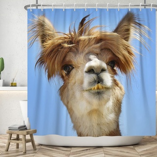 ASDCXZ Duschvorhang Lustig 180x200 cm, Einfachheit Lustig Alpaka Gesicht Blau Waschbar Textil Badezimmer Vorhänge Polyester Stoff Wasserdicht Duschvorhänge für Badewanne mit 12 Duschvorhang Hake