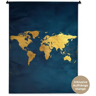 MuchoWow Wandteppich Weltkarte - Gold - Dunkelblau, Rechteckig, Höhe: 3 mm, Wanddeko Teppich Wohnzimmer, Schlafzimmer, 90x120 cm blau Rechteckig | 90 cm x 120 cm x 3 mm
