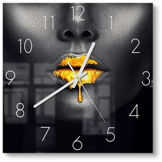DEQORI Wanduhr 'Goldbedeckte Lippen' (Glas Glasuhr modern Wand Uhr Design Küchenuhr) goldfarben|schwarz 30 cm x 30 cm