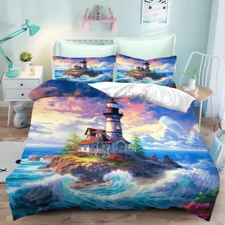 SMchwbc Leuchtturm Bettwäsche 135x200 Ozean Leuchtturm Strand Bettbezug für Mädchen Jungen Weiche Mikrofaser Leuchtturm und Meer Bettwäsche Set Mit Reißverschluss (5,135 x 200 cm)