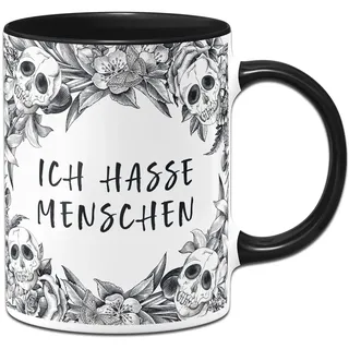 Tassenbrennerei Totenkopf Tasse - Ich hasse Menschen - Kaffeetasse lustig mit Spruch und Totenkopfmotiv - Skull Statement (Schwarz)