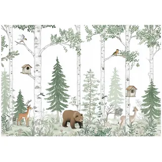 WallArena - Vlies Fototapete Kinderzimmer 250x175 cm Wald Tiere - Fototapeten Tapeten für Kinder Mädchen & Jungen - Kindertapete - Kinderzimmertapete weiß grün Landschaft