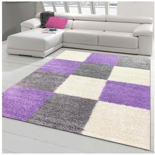 Teppich Hochflor Teppich Karo Muster in Flieder, Grau und Creme, Teppich-Traum, rechteckig, Allergiker geeignet lila 140 cm x 200 cm