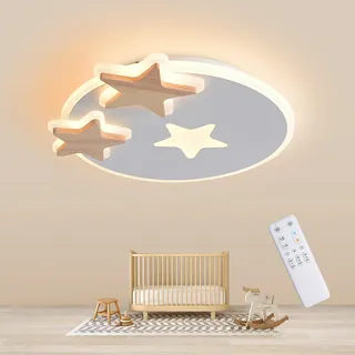 YUEEU Led Deckenleuchte Schlafzimmer,54CM Holz Kinderzimmer Lampe Decke Stern Kinderlampe,Dimmbar Deckenlampe für Kinder Lampe mit Fernbedienung
