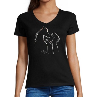 MyDesign24 T-Shirt Damen Pferde Print Shirt bedruckt - Pferde Silhouette mit Frau Baumwollshirt mit Aufdruck, Slim Fit, i139 schwarz L