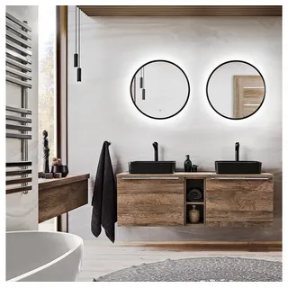 Lomadox Badmöbel-Set in Vintage Oak Eiche Doppel-Waschtisch mit 2 Keramik-Waschbecken, 2 LED-Spiegel, b/h/t 140/200/46 cm