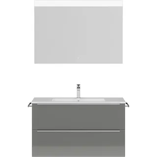 nobilia® Badmöbel-Set Levere, (2-St., vormontiert, mit Soft-Close), Hochglanz, inkl. Spiegel mit Touch-Sensor, in vier Breiten grau 101 cm x 169 cm x 48,7 cm