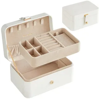 SONGMICS Schmuckkasten Schmuckkästchen Reise, Schmuckaufbewahrung, für größere Accessoires, 2 Ebenen, tragbar, Schmuck-Reiseetui, Geschenkidee, wolkenweiß weiß