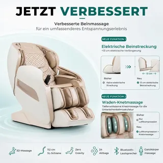 NAIPO Massagesessel A350WG-PRO, 3D SL-Track Shiatsu, Zero-Gravity, 15 Programme, 24 Airbags, Wadenverlängerung, Wärmefunktion - Weiß/Gold