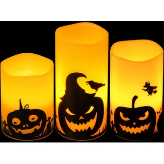 Eldnacele flammenlose Halloween Kerzen, LED flackernde batteriebetriebene Stumpenkerzen mit 6H Timer und Kürbis-Aufklebern, gruselige Herbst-Halloween-Party-Dekoration, 3er-Set