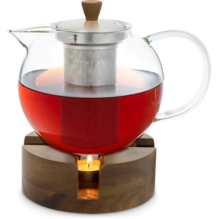 Klarstein Glaswerk Sencha Design-Teekanne mit Glaswerk Oolong Holz-Stövchen 1,3 l Siebeinsatz