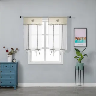 Sonnenblumen, 1 Paar weiße Vorhänge aus Leinen-Baumwolle-Polyester mit Stickerei Herz Grau, Shabby Chic, 2 Paneele mit Tasche (Grau, 60 x 150 cm)