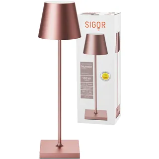SIGOR Nuindie - Dimmbare LED Akku-Tischlampe Indoor & Outdoor, IP54 spritzwassergeschützt, Höhe 38 cm, aufladbar mit Easy Connect, 12 h Leuchtdauer, rosegold