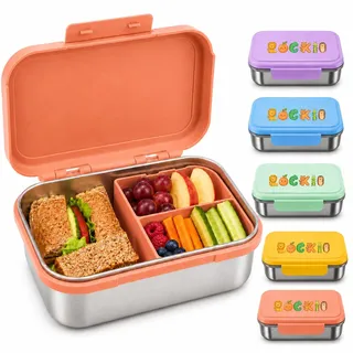 LOCKII Kinder Brotdose Edelstahl 1000 ml mit Snackbox – Lunchbox mit Fächern, Edelstahl-Boden und BPA-freiem Deckel, auslaufsichere Bento Box für Schule, Kindergarten und Ausflüge (ORANGE)