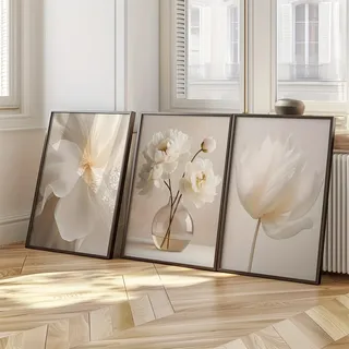Generisch 3er Beige Poster Set, Boho Weiße Blumenbilder, Modern Bilder Deko Wanddeko, Natur Beige Leinwandbilder für Wohnzimmer Schlafzimmer – Ohne Rahmen (50 x 70 cm)