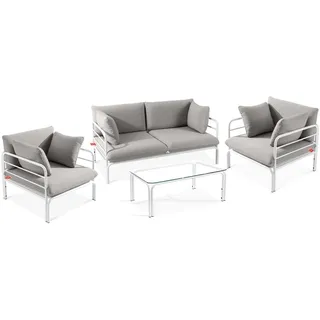 Konsimo Gartenlounge-Set RAMBE Gartenmöbelset, hergestellt in der EU, (4-tlg., 1x Tisch, 2x Sessel, 1x Sofa 2-Sitzer), handgefertigt, Loft-Stil, mit Kissen grau|weiß